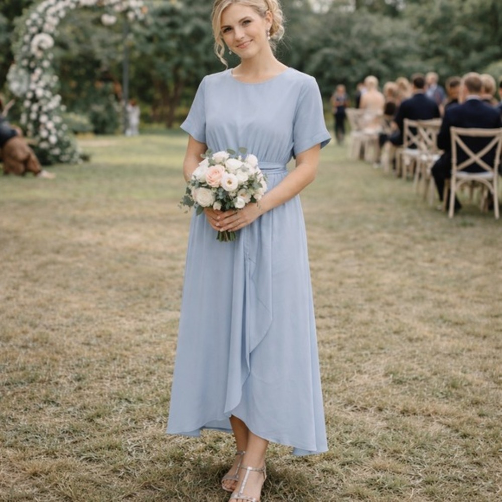 Roolee Gray short sleeve bridesmaid tie waist chiffon dress‎ size L